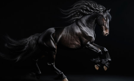 Black stallion with long mane in motion on black studio backgroundの素材
