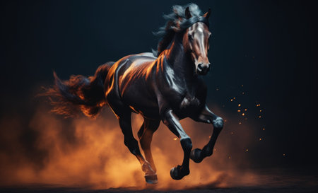 Beautiful black horse running on a dark background with smoke and fireの素材