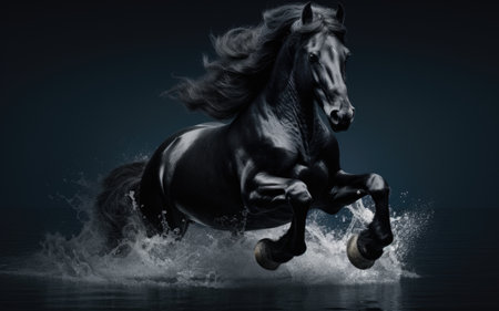 Black horse with long mane galloping in water on dark backgroundの素材