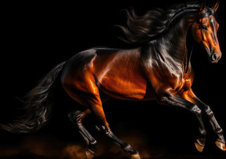 Beautiful bay horse with long mane running on a black backgroundの素材