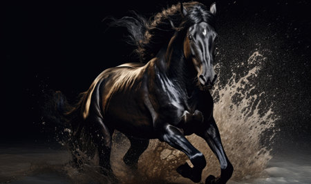 Black horse running in dust on a black background. 3d renderingの素材