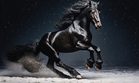Black horse gallops in the snow on a dark background with starsの素材