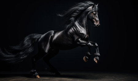 Beautiful black stallion with long mane running on dark backgroundの素材