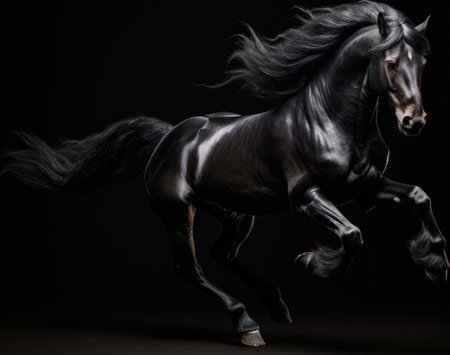 Beautiful black stallion with flying mane on black studio backgroundの素材