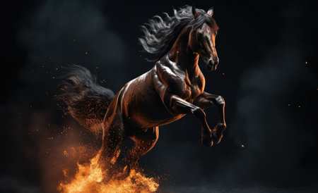 Horse galloping in the dust on a black background with copy spaceの素材