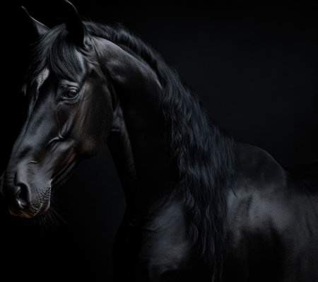Beautiful black horse portrait in studio on black background. Studio shot.の素材