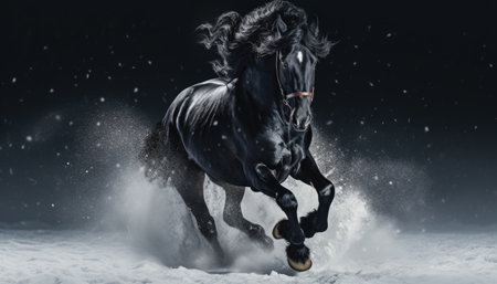 Black stallion gallops in the snow on a black background.の素材