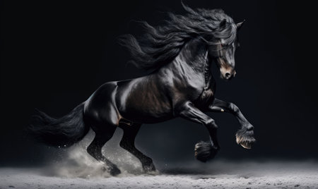 Beautiful black horse with long mane running in dust on black backgroundの素材