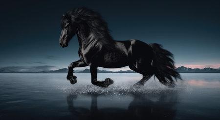 Black horse running on lake frozen at night.の素材