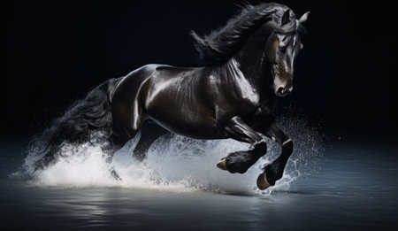 Black stallion running in water on black background.の素材