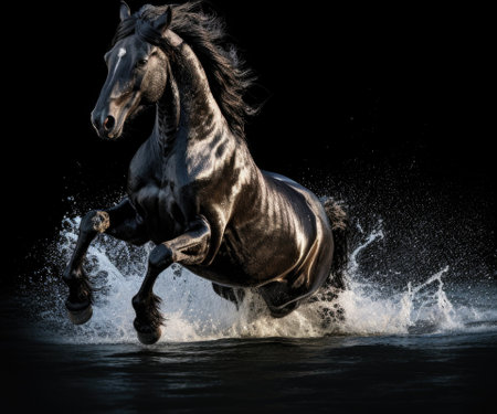 Beautiful black horse running gallop in water on black background.の素材