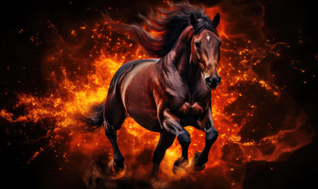 Horse running in the fire with flames on a black background.の素材