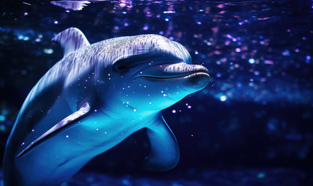 Dolphin in the deep blue sea. Dolphin swimming underwater in beautiful magic light. Nature background.の素材