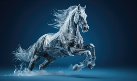 Ice sculpture of horse in dynamic pose. Beautiful horse ice figure. Horse with splashes of water on a blue backgroundの素材