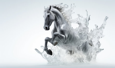White horse with flying hair and splashes of water on white background. Frozen water splashes on background. Horse in dynamic pose.の素材