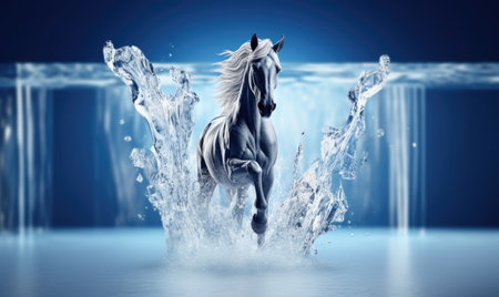 White horse with flying hair and splashes of water on white background. Frozen water splashes on background. Horse in dynamic pose.の素材