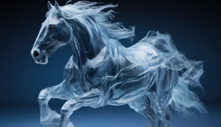 White horse with long mane on blue background. Wind horse spirit. Ice horse silhouette in dynamic pose.の素材