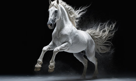 White stallion with long mane in motion on black studio backgroundの素材