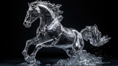 silver horse running in water on a black backgroundの素材