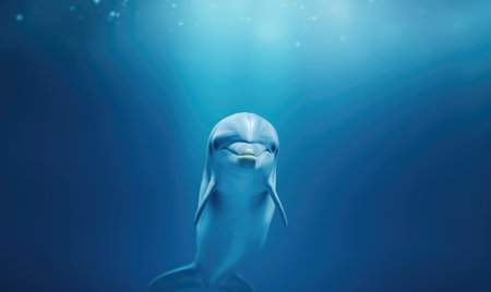 Dolphin swimming underwater in deep blue water.の素材