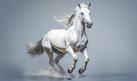 White horse running in the water on a gray background.の素材