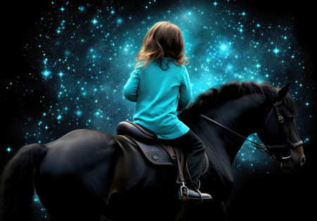 Little girl riding a horse against the background of the starry sky. Fantasy lighting.の素材