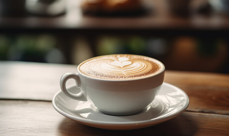 A cup of coffee with latte art on a saucer surrounded by warm light that invokes a cozy morning atmosphereの素材