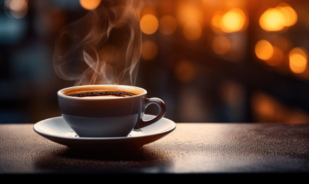 Coffee cup on wooden table in coffee shop with bokeh backgroundの素材