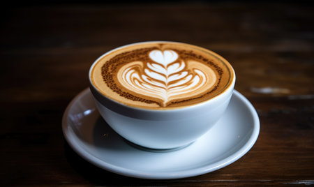 Latte art coffee on wooden table in coffee shop, stock photoの素材
