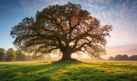 Old oak tree in the morning fog. Panoramic image.の素材