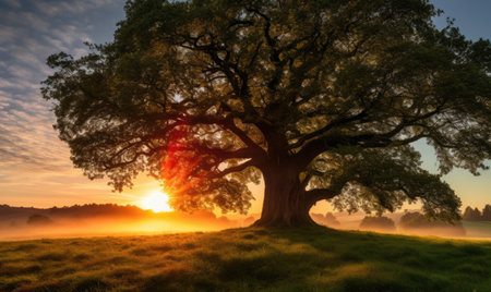 Old oak tree at sunrise, with sun rays in the background.の素材