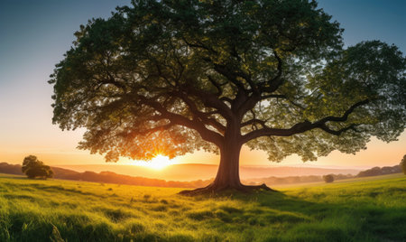 Old oak tree in the meadow at sunrise. Beautiful summer landscape.の素材