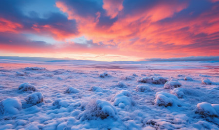 Fantastic winter landscape. Dramatic sky with glowing pink and blue clouds over the sea. Beauty world.の素材
