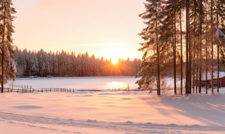 Sunset in the winter forest. Beautiful winter landscape with a frozen lake.の素材
