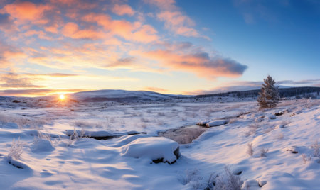 Winter landscape. Sunset over the lake frozen. Beautiful winter background.の素材
