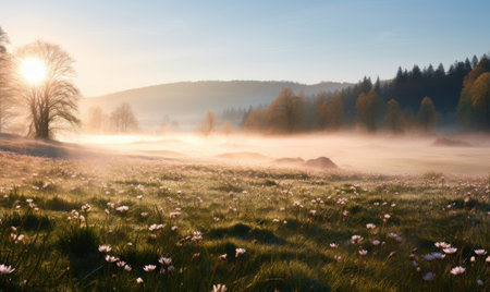 Meadow in the morning mist. Beautiful landscape with meadow and treesの素材