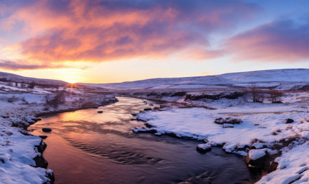 Icelandic winter landscape with frozen river and colorful sunset sky.の素材