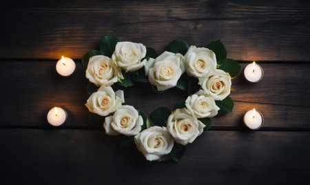 White roses on a dark wooden background with candles in the shape of a heartの素材