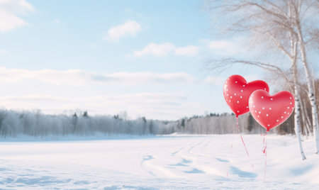 Two red heart shaped balloons in the winter forest. Valentines day background.の素材