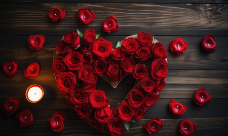 Valentine's Day background with red roses on a wooden backgroundの素材