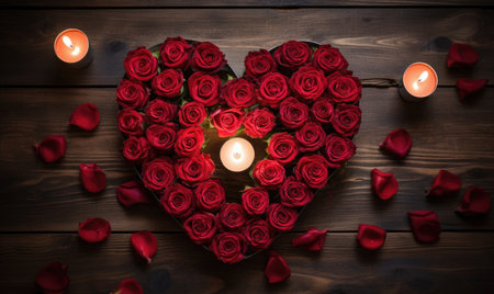 Red roses in the shape of a heart and candles on wooden backgroundの素材