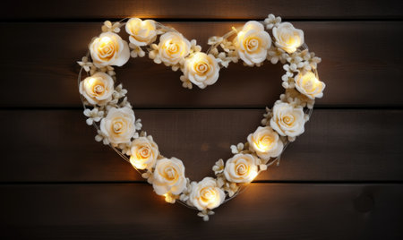 Heart shaped garland with light bulbs and white roses on wooden backgroundの素材