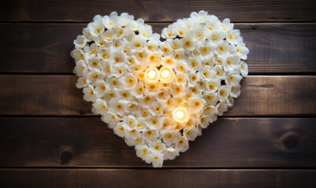 Heart of white flowers on wooden background. Valentines day concept.の素材