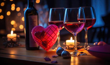 Two glasses of wine, candles and hearts on a wooden table.の素材