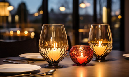 Elegant table setting with candles in restaurant, closeup viewの素材