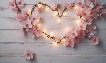 Pink sakura flowers with heart shaped lights on wooden background. Valentine's day conceptの素材