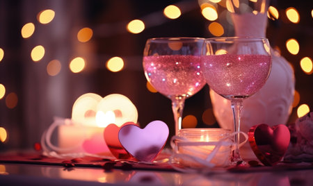 Valentine's day background with two glasses of wine, candles and heartsの素材