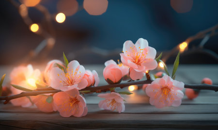 Beautiful sakura flowers on wooden table against blurred lights, closeupの素材