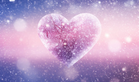 Pink heart on colorful background with snowflakes and bokehの素材