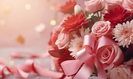 Bouquet of pink flowers with ribbons on a light backgroundの素材